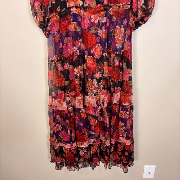 Johnny Was Jade Red & Pink Floral Short Sleeve Midi Silk Dress Small - Picture 7 of 9